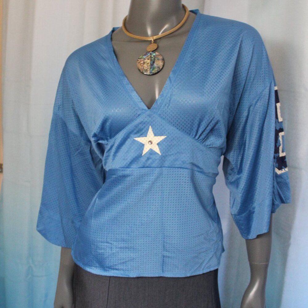 Moda International Light Blue V-Neck Star Accent Top